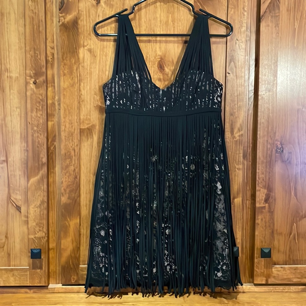 BCBG fringe and lace black/nude mini dress size 2